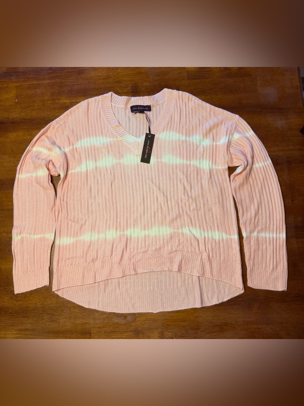 NWT Love at First Find Pink & White Tie-Dye Ribbed V-Neck Sweater, Size L